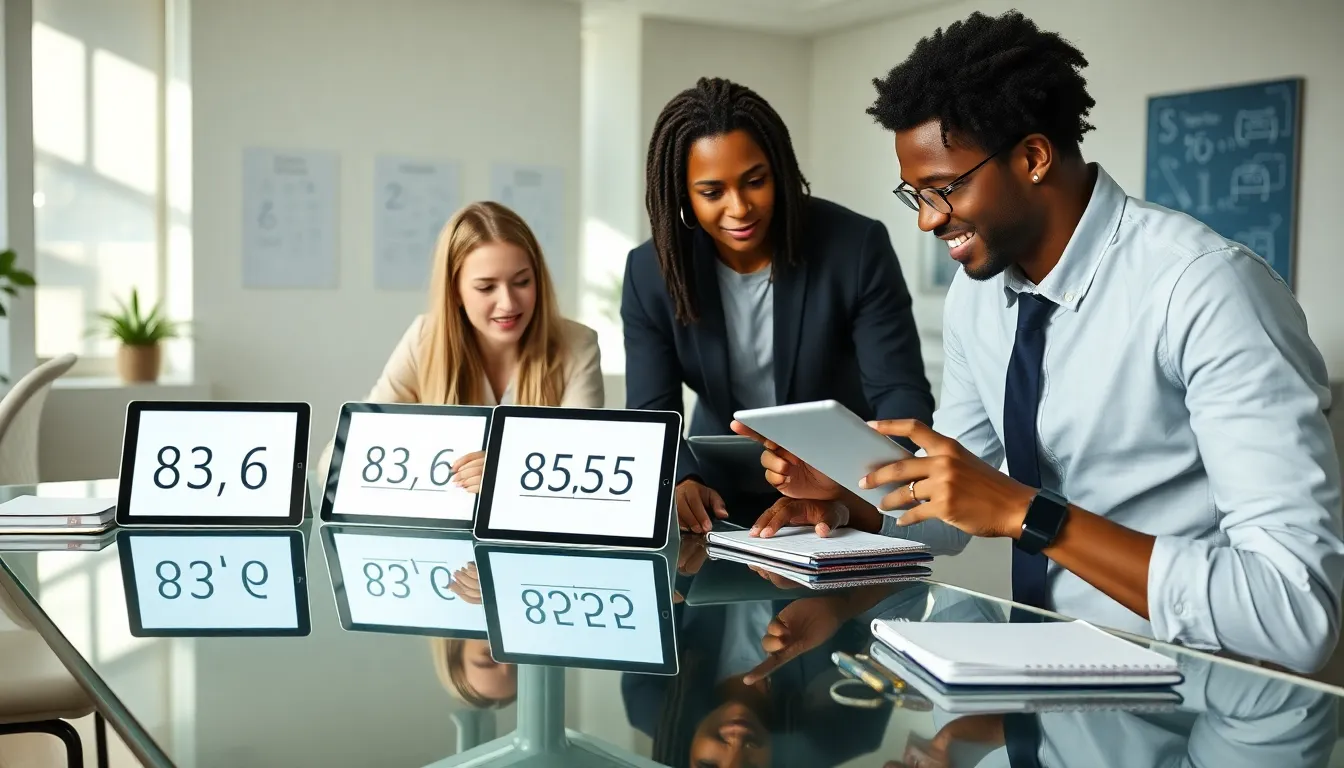 professionals collaborating on multiplication concepts in a modern office.